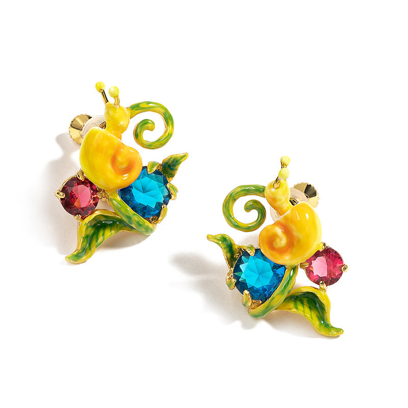 Enamelled Earrings "Snail", 18K Gold Plated Metal and Glass