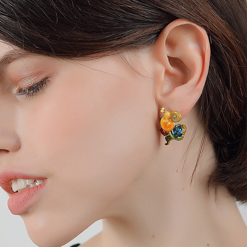 Enamelled Earrings "Snail", 18K Gold Plated Metal and Glass