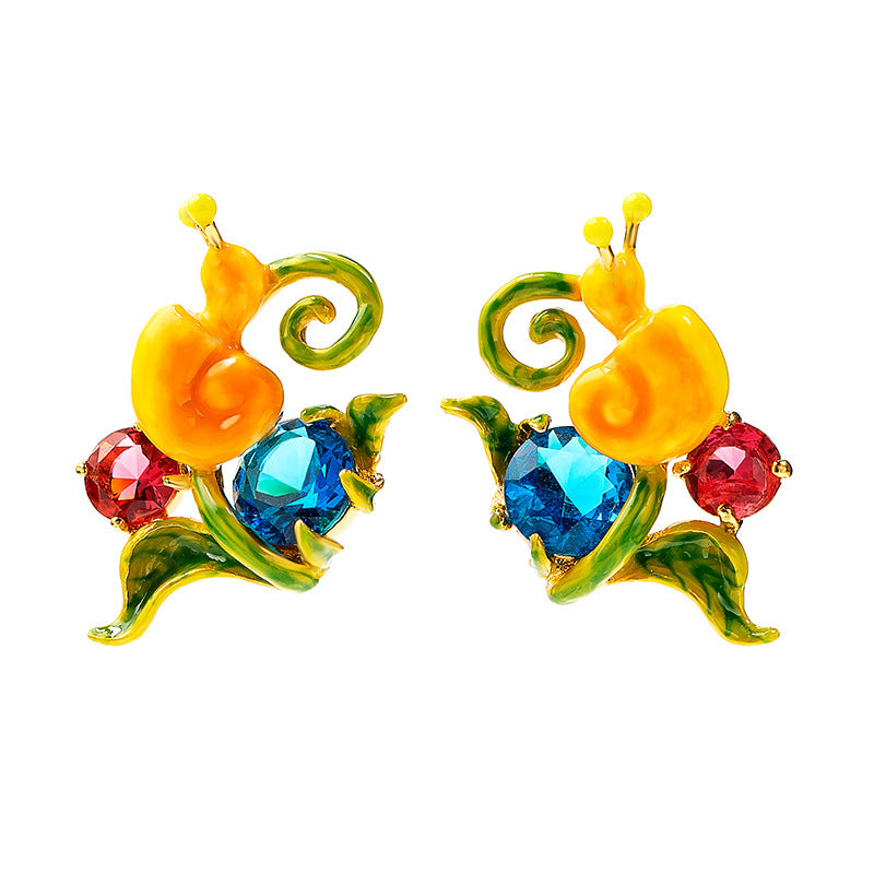 Enamelled Earrings "Snail", 18K Gold Plated Metal and Glass