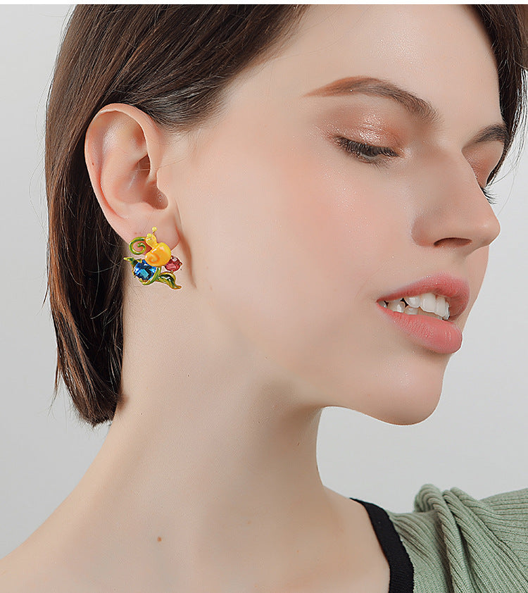 Enamelled Earrings "Snail", 18K Gold Plated Metal and Glass