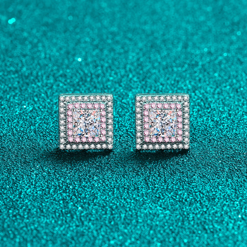 Sterling Silver Inlaid 2 Carat Moissanite Square Stud Earrings