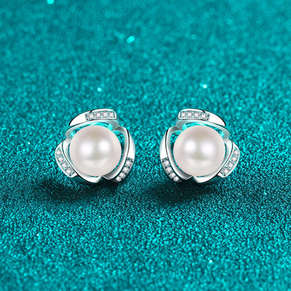 Button Cultured Freshwater Pearl and Diamond Accent Swirl Frame Stud Earrings