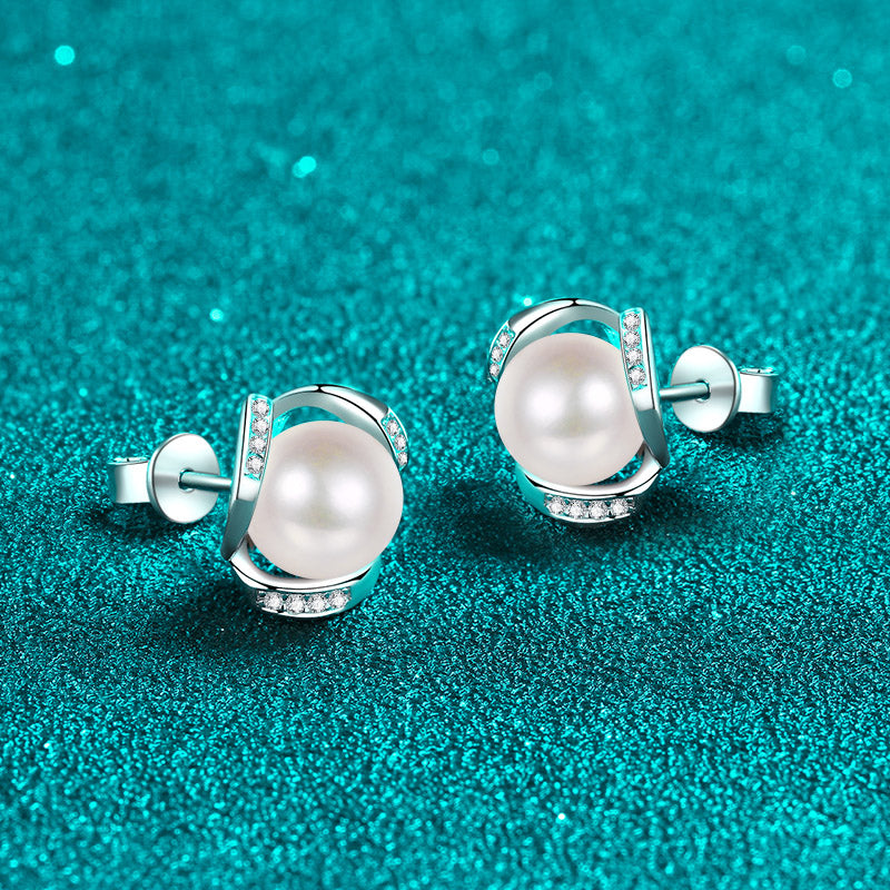 Button Cultured Freshwater Pearl and Diamond Accent Swirl Frame Stud Earrings