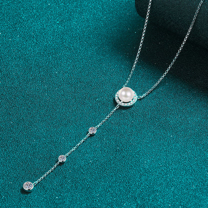 Silver Necklace with One Big Pearl and Three Small Charms