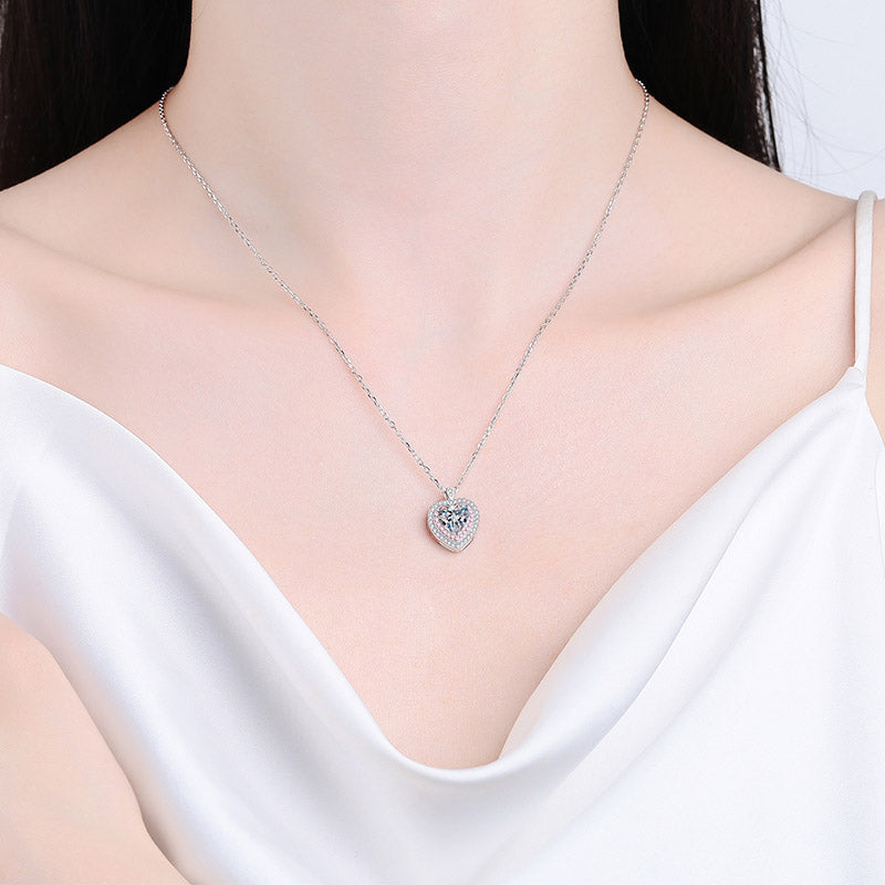 Sterling Silver Moissanite Heart Pendant Chain Necklace