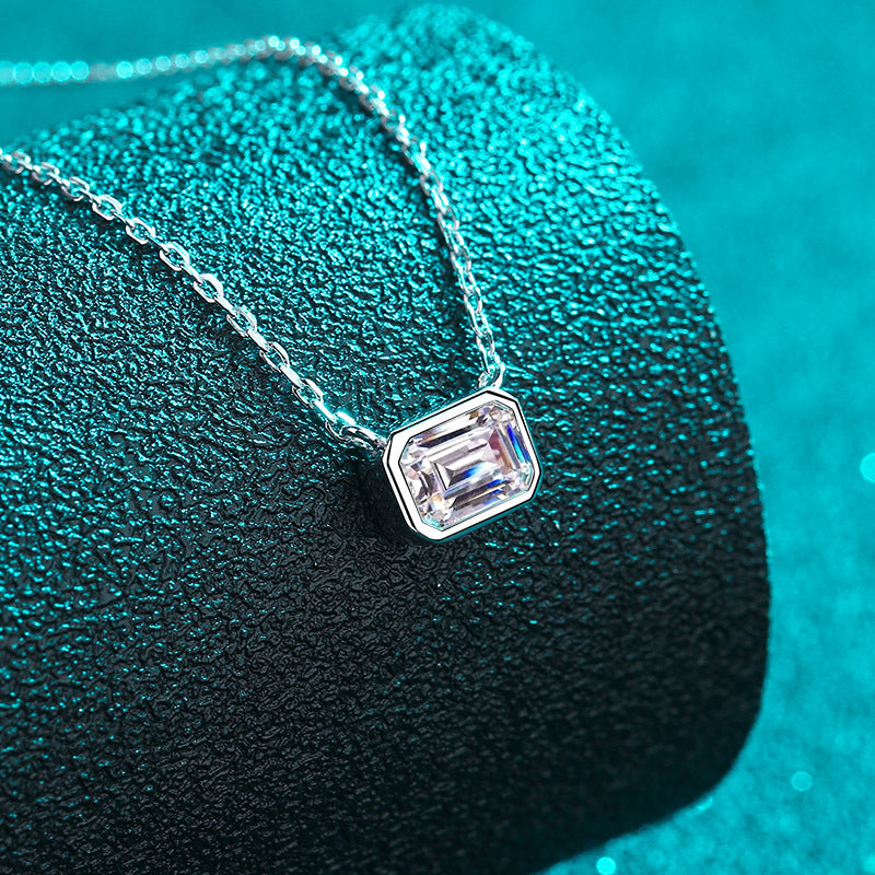 Real White Gold Emerald Cut Moissanite Pendant Necklace