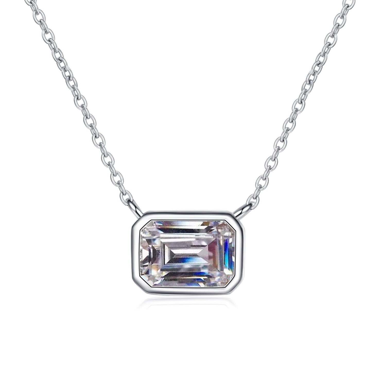 Real White Gold Emerald Cut Moissanite Pendant Necklace