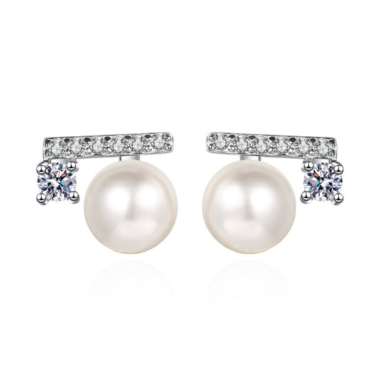 Freshwater Cultured Pearl Stud Earrings With  Moissanite