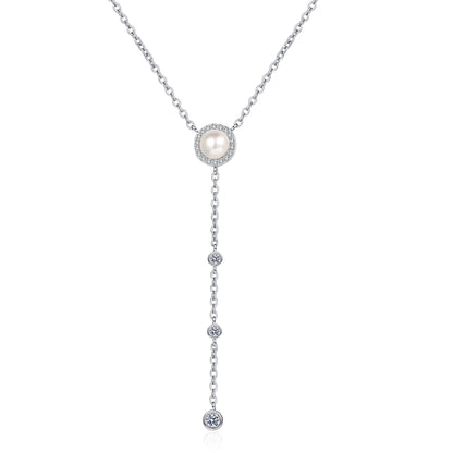 Silver Necklace with One Big Pearl and Three Small Charms