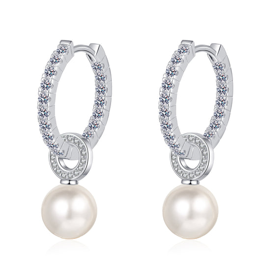 Silver Earring with 8mm Pearl and 0.11ct Moissanite Diamond