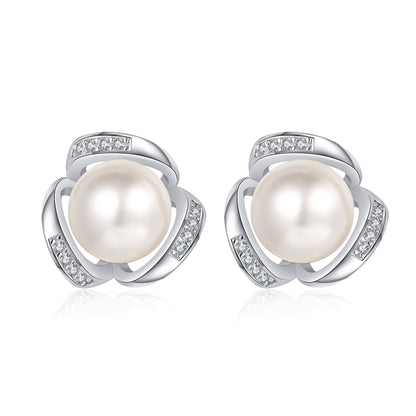 Button Cultured Freshwater Pearl and Diamond Accent Swirl Frame Stud Earrings